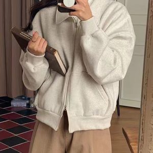 Korean Chic Commuter Double Zipper Thick Fleece Sweatshirt Jacket for Women