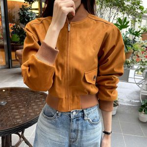Korean Chic Fall Suede Baseball Jacket for Women