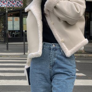 Korean Chic Reversible Faux Fur Shearling Coat Women Winter Vintage Lapel
