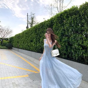 Blue Sleeveless Midi Dress Women High Waist Square Neck Summer Vacation