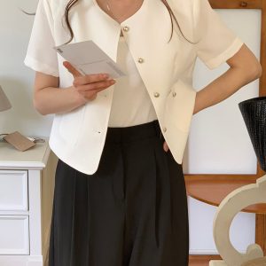 Korean Chic Summer Round Neck Single Breasted Tweed Style Jacket Top - Style 687854