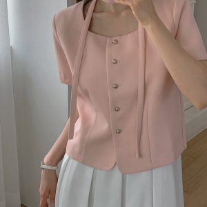 Korean Chic French Round Neck Ribbon Single Breasted Tweed Style Short Jacket Top
