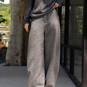 2025 Autumn Gray Loose Wide-Leg Curved Pants Wool Sickle Trousers Women