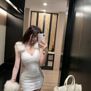 Sexy Deep V Neck Faux Fur Collar Party Dress Women's Jacquard Cocktail Dress