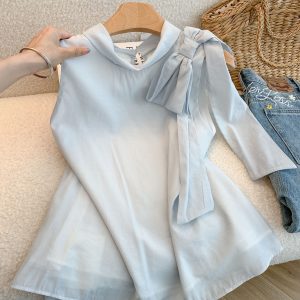 Women's Sleeveless Stand Collar Bow Tie Shirt Summer French Style Korean Top