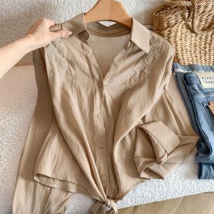 Summer French Style Floral Embroidered Tie Shirt Women Sun Protection Cardigan Outer Top - Style 73b0f7