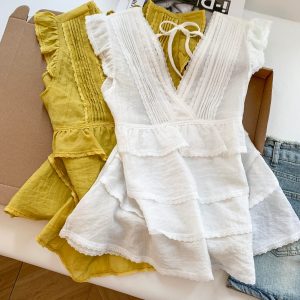 Women's Summer Sleeveless Ruffle Blouse - Loose Fit Short Top