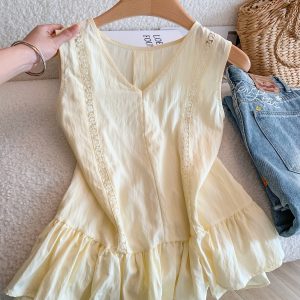 Korean Style Hollow-Out Spliced Sleeveless Shirt for Women Summer Loose Fit