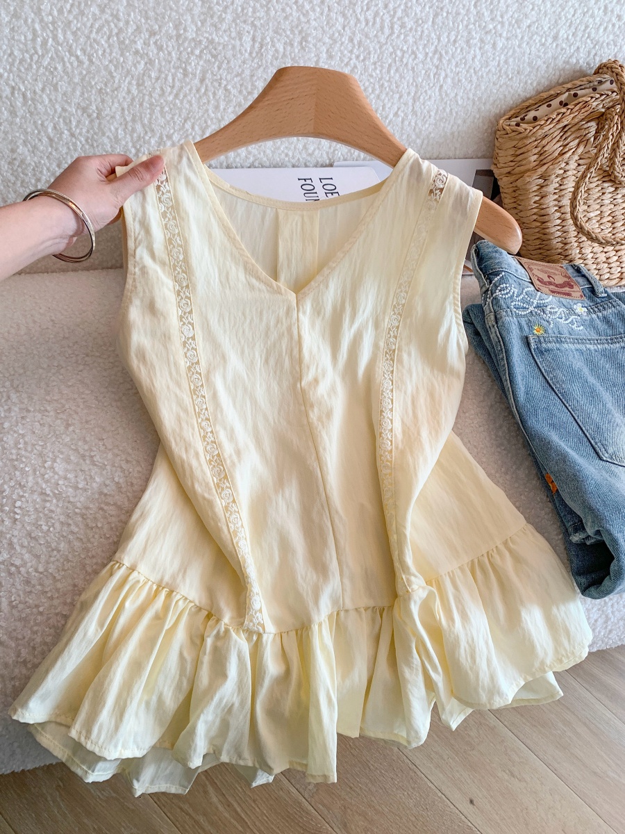 Korean Style Hollow-Out Spliced Sleeveless Shirt for Women Summer Loose Fit