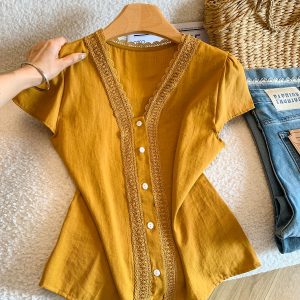 Women's Summer French Style Lace Crochet V-Neck Blouse with Puff Sleeves