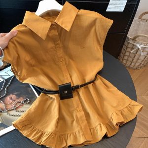 Women's French Style Polo Collar Short Sleeve Shirt Summer Loose Fit Top