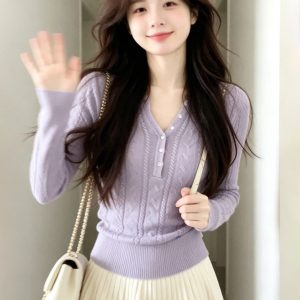 In Stock Lilac French Style Knit Top for Women Spring Autumn New